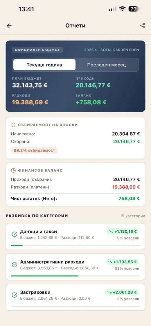 Екран от приложението ARXO: Отчети