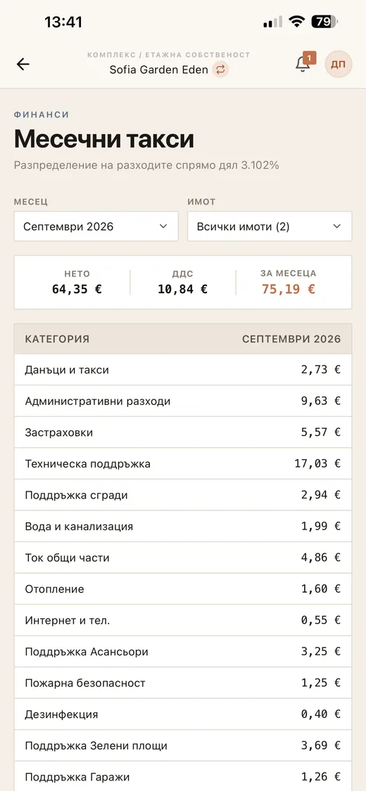 Екран от приложението ARXO: Месечни такси